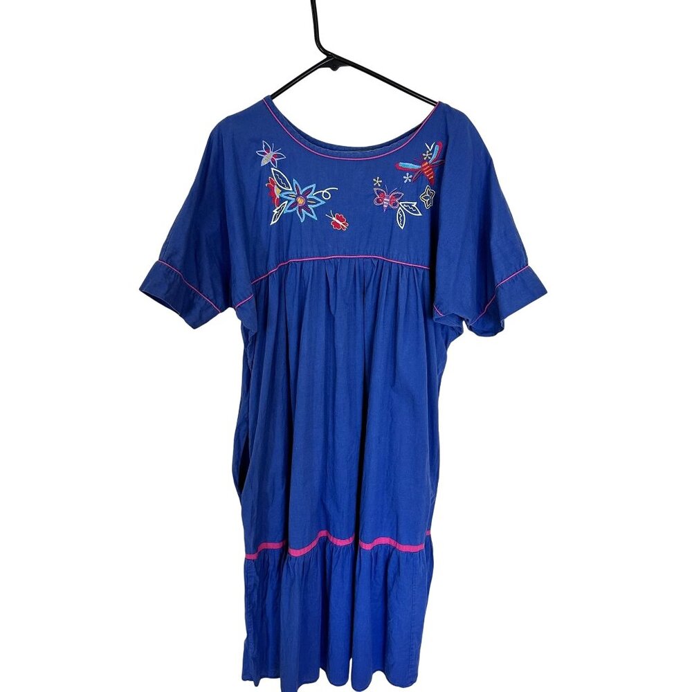 Womens Blue Embroidered MuMu Midi Dress Butterfly Pockets Cotton Housedress Med